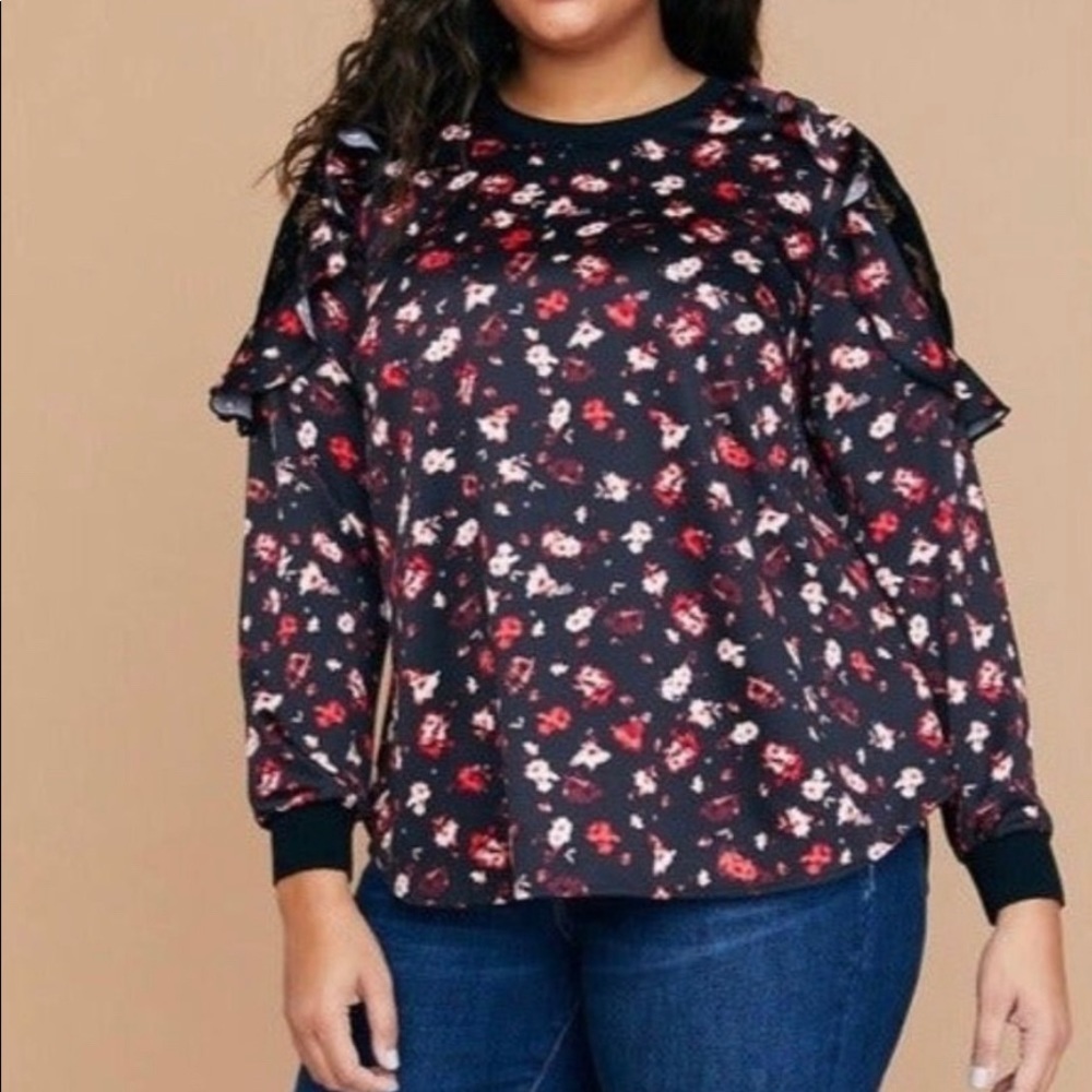 Lane Bryant floral long sleeve top with lace shoulder detail